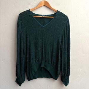 Anthropologie Bl-nk London Maris Beaded Top Size Small Green Long Sleeve Flaw